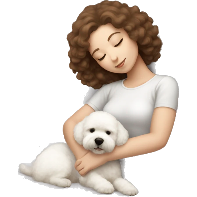 White girl brown hair sleeping with Mini Bichon emoji