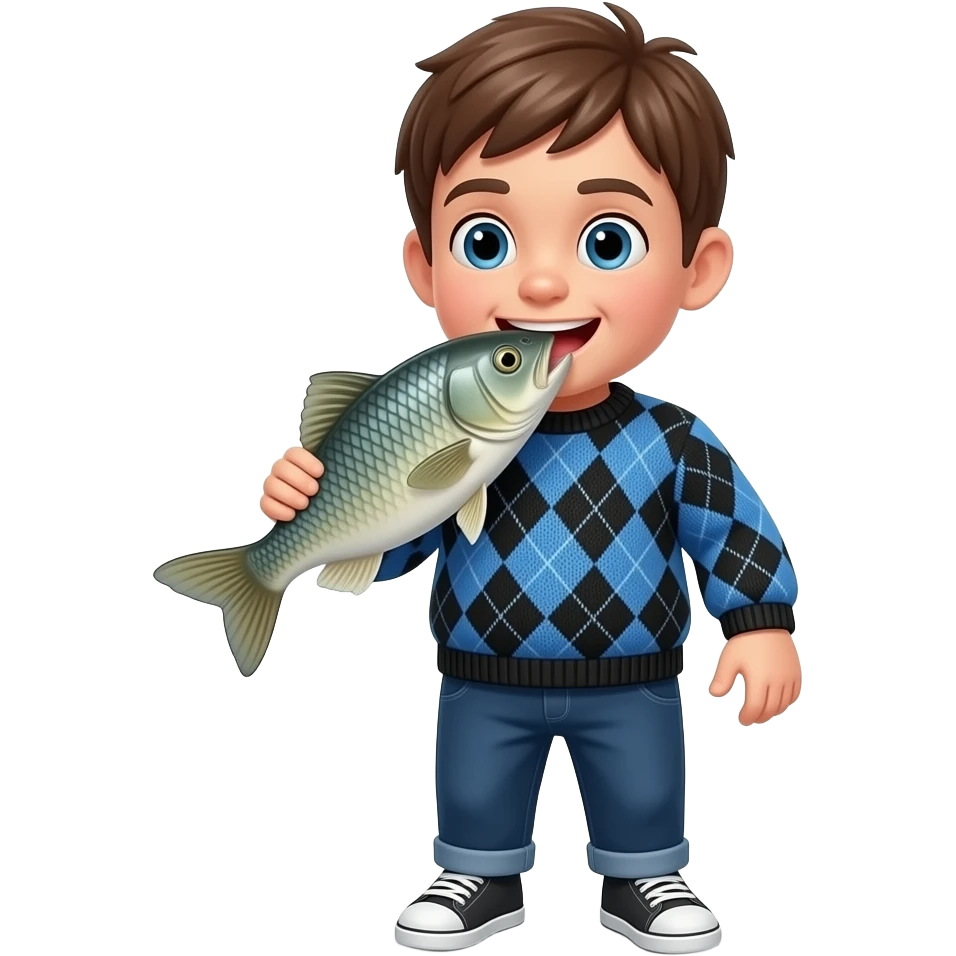 a kid with a blue and black sweater on biting a fishes head emoji