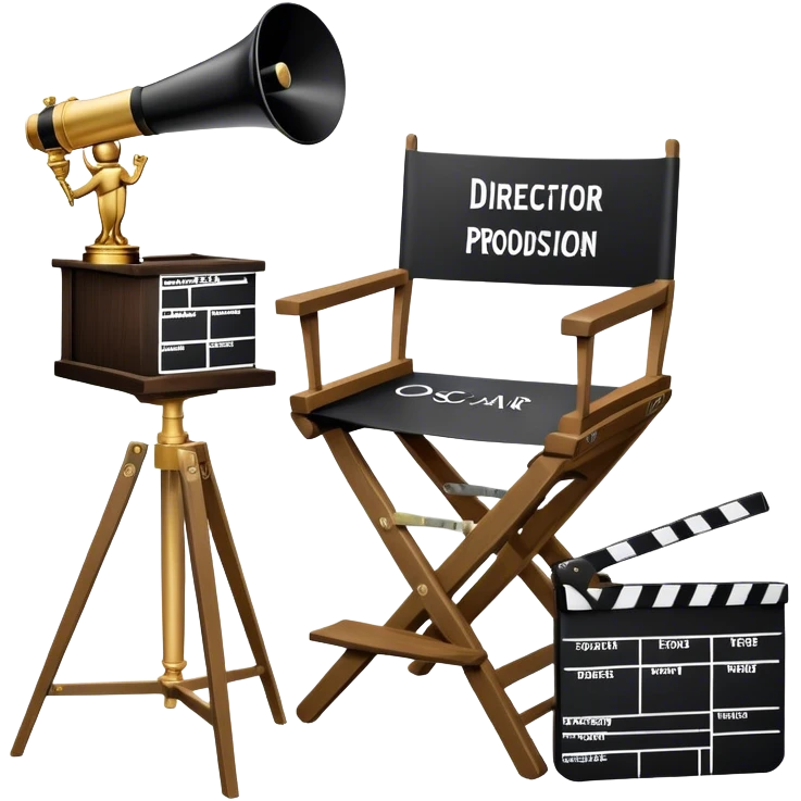Icon for Directing: professional collage with director's chair, a film slate, a megaphone, a stack of script papers and an Oscar statuette. The icon should represent the creative and leadership aspects of directing, with focus on film and theater production. Transparent background. emoji