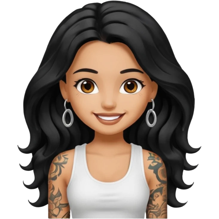 a pretty tan bratz girl with long wavy black hair, wearing a white tank top. with full tattoos emoji