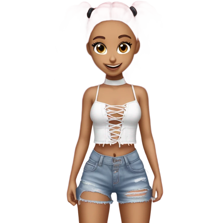 Ariana grande wearing a Shakira lace up croc top and short jeans and pink highlights  emoji