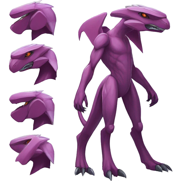 Mauve-maroon-red-violet-colored anthro-genesect-raptor-scalie-sona-Fakémon-hybrid with a mane on head and back full body emoji