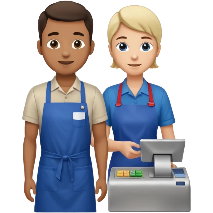 Supermarket employee at a cash register, full body, serving a man emoji