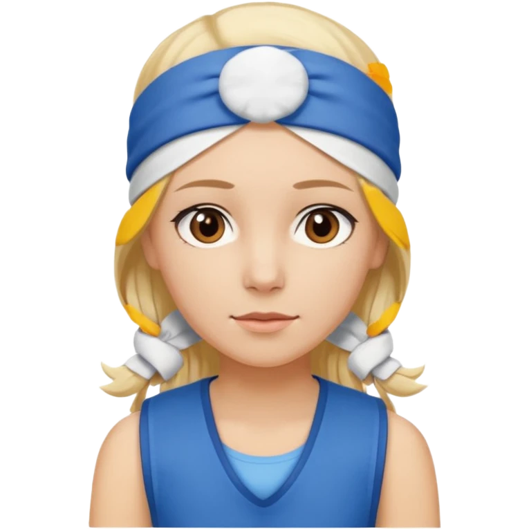 A 3D avatar of a blonde woman, who has brown eyes, is wearing a blue vest and a white headband on her head. She is looking straight at the camera. emoji