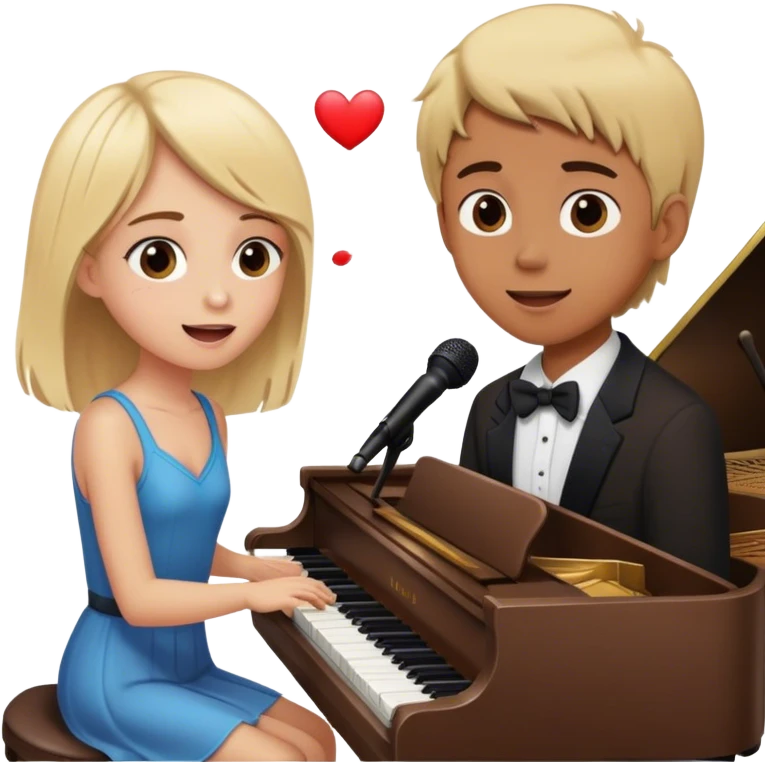 Blond girl playing piano and singing while brown haired boy has heart eyes emoji