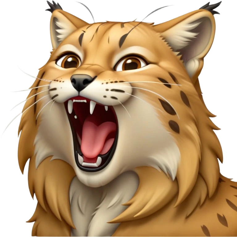 Cinematic-detailed-Yawning-Lynx-Portrait-Emoji – Head tilted slightly with a dramatic, wide-open yawn, revealing a sleek golden-brown fur coat with subtle spots, signature black ear tufts standing tall, round amber eyes barely open in drowsy contentment zoomed out to show the shoulders emoji