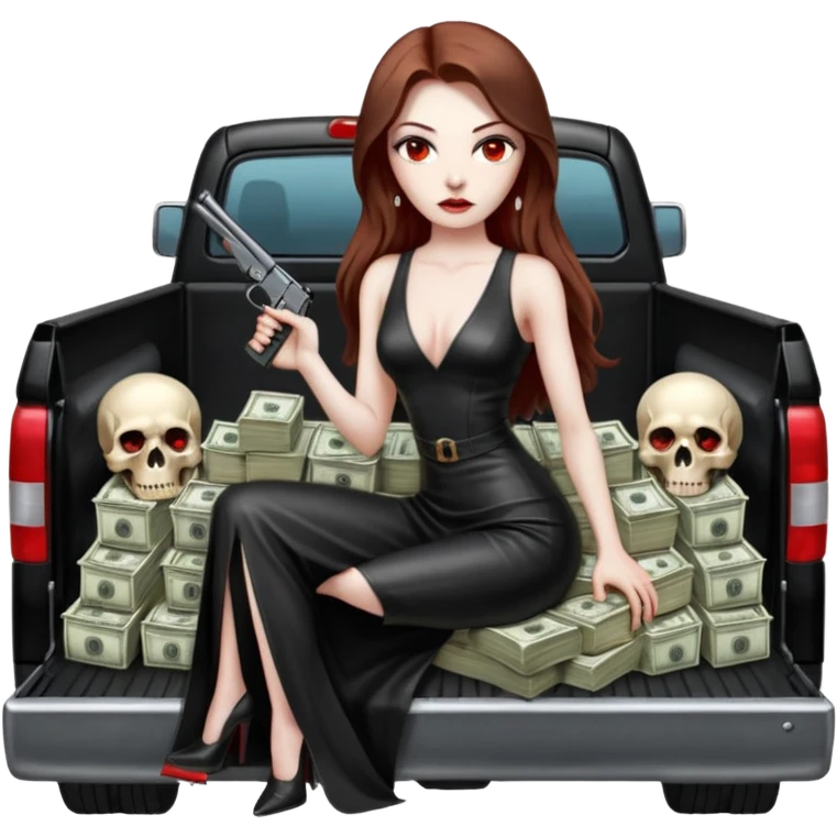 Lilith symbol red eye seductress evil long brown haired sexy succubus woman with leather long dress with slit on, sitting in Big Large F350 pickup truck. Back seat full of stacks of cash, she is  Holding a human skull of her enemies and a gun in other hand emoji