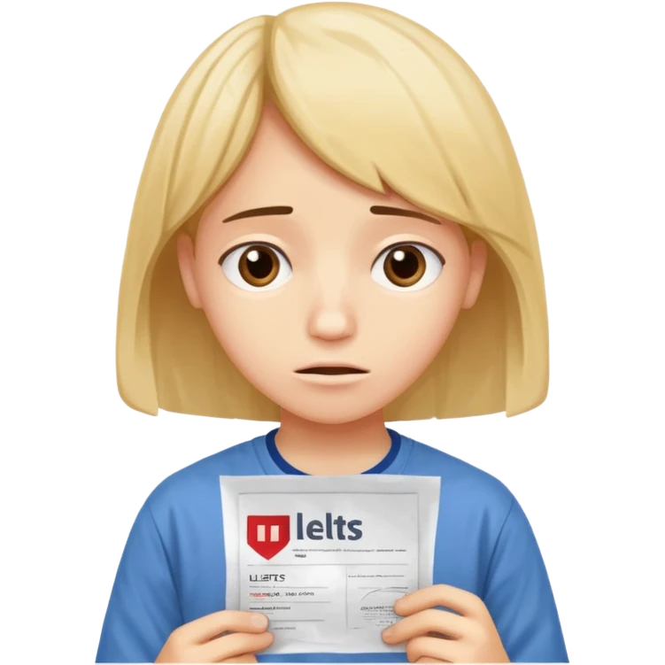 студентка грустная после провального экзамена IELTS смотрит свои результаты на сертификате с текстом IELTS на белом фоне  emoji