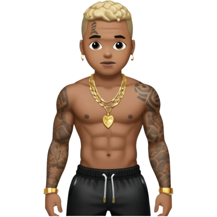 Chris Brown with black sequin baggy pants, shirtless with necklace emoji