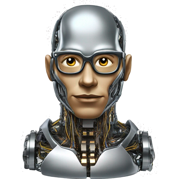 Male cyborg head with metallic plated face, flat top, glasses and circuits emoji
