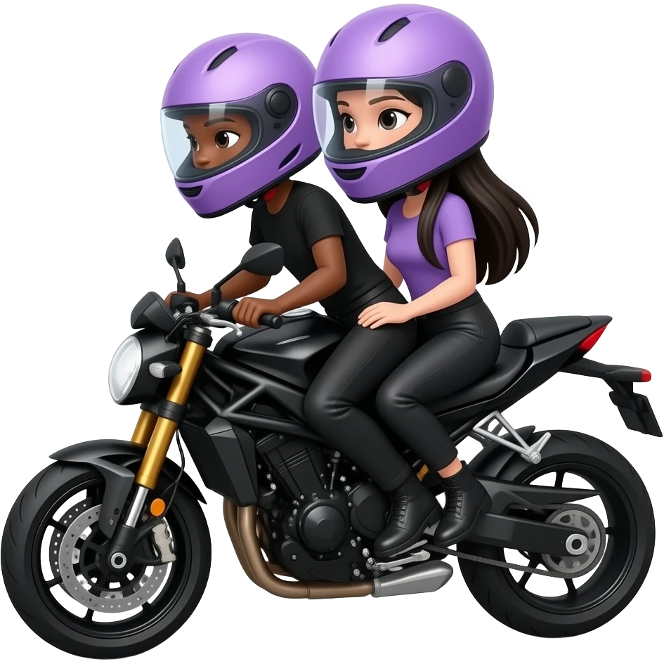 Mujer de tez morena y mujer blanca de cabello negro lacio largo con casco color lila y moradoen moto negra emoji