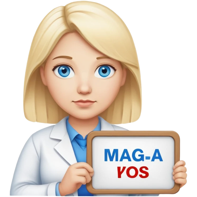 blonde blue eyes science teacher chubby holding a sign that says “maga” emoji