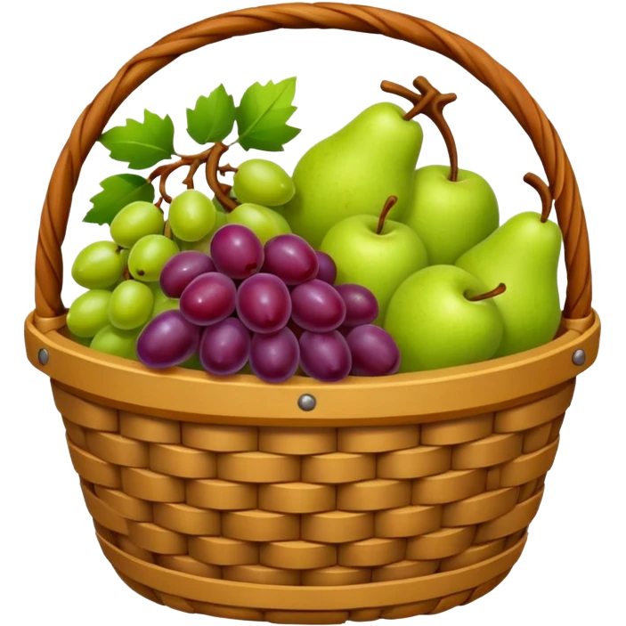 medieval fruit basket object icon, grapes apples pears, woven basket, rustic medieval vibe, 3D cartoon, mobile game icon style, clean background, no text, no watermark
 emoji
