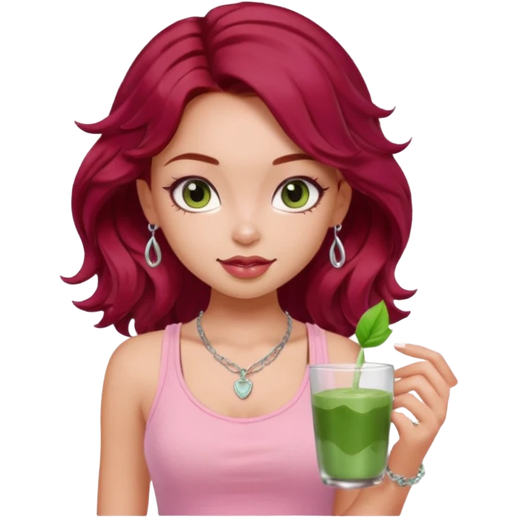 a pretty fair bratz girl with wavy dark red hair, wearing a pink tank top . silver dainty layered necklaces, carrying a matcha emoji