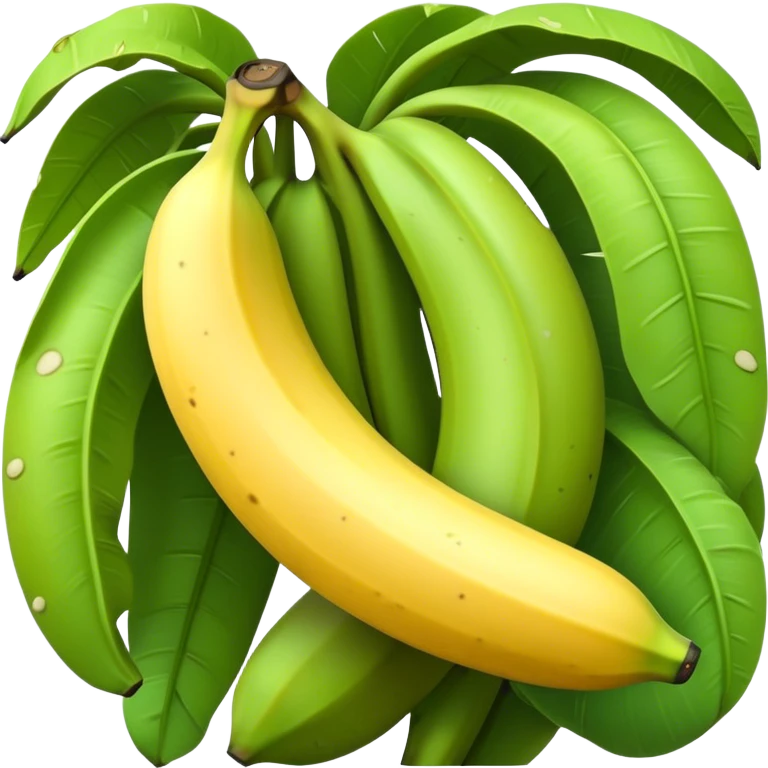 Cinematic Realistic Banana Emoji, Bright and cheerful, with a smooth, yellow peel slightly speckled with spots, revealing a soft, sweet interior. The banana is curved elegantly, standing out against the soft green leaves. Soft glowing outline, capturing the essence of tropical sweetness and energy in a ripe banana. emoji