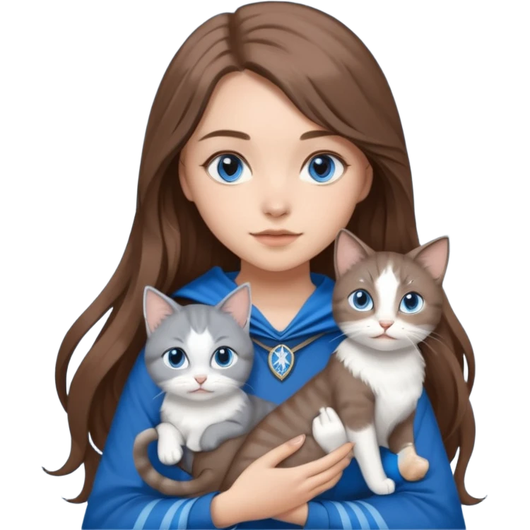 gorgeous Girl with light skin, blue eyes, long brown hair, wears a ravenclaw outfit, with a grey and white cat holding in her arms emoji