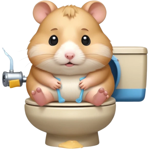 Cute chubby cartoon-style hamster sitting on toilet looking as if he had an accident, sticker-style illustration emoji