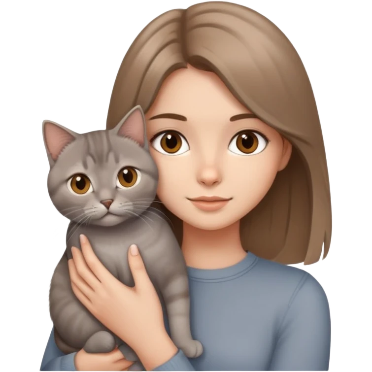 a pretty girl with brown eyes and light brown medium-length hair with a grey British cat in her arms emoji