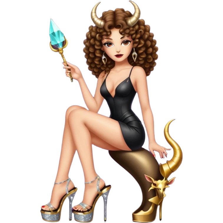seductress evil brown curly haired sexy drug lord woman with clear glittery platform heels on her feet and horns on her head, holding  emoji
