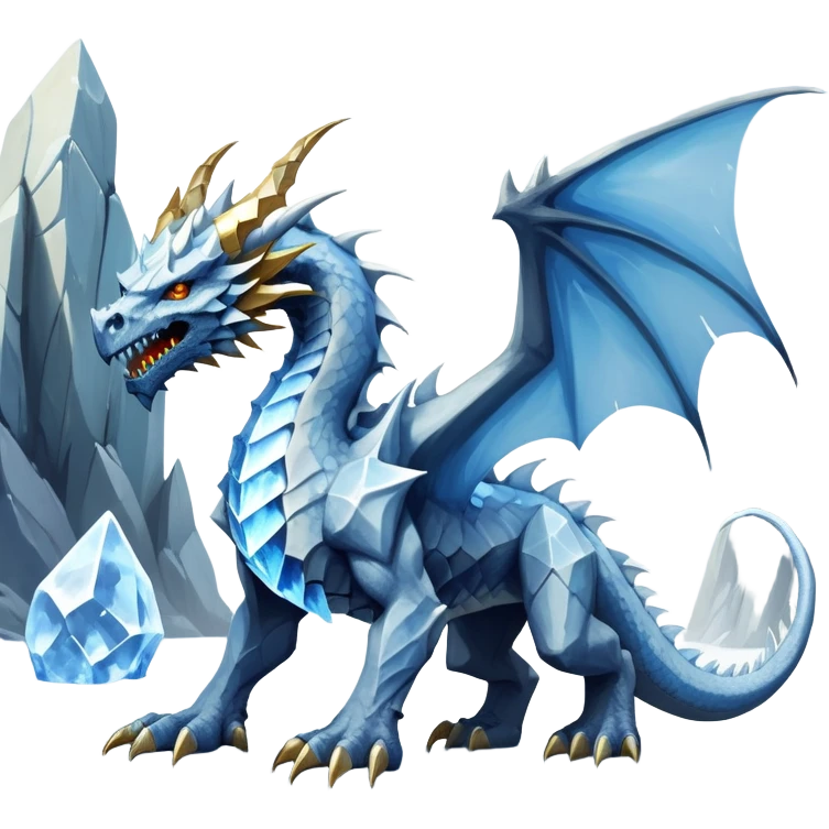 This extraordinary hybrid creature combines the elemental power of an ice dragon with the raw physical might of a stone golem. Its core body resembles a cluster of angular, faceted stones that have been infused with magical ice energy. The creature's head features a draconic shape with curved horns and piercing amber-gold eyes, but parts of its face retain the jagged stone texture. Blue-white energy flows between the gray rock segments, creating glowing lines throughout its body. The creature has developed partial wings made of crystalline ice formations extending from its rocky frame, and its tail alternates between stone segments and ice spikes. Sharp teeth line its mouth, some appearing as polished stone, others as ice crystals. Frost continuously emanates from its body, and when it moves, it creates a distinctive sound of grinding stone and crackling ice. full body emoji