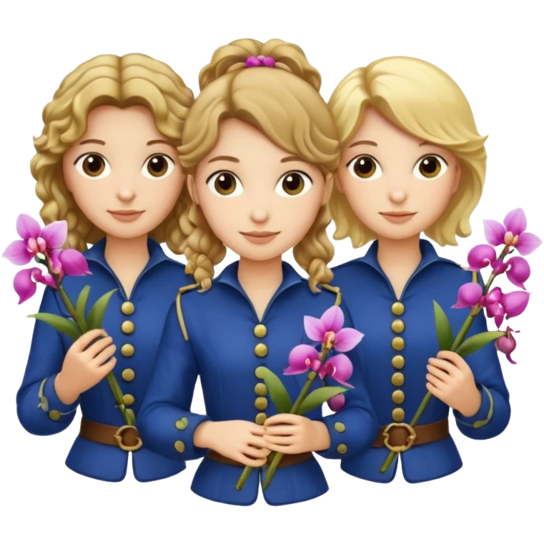 3 female musketeers, one with brown curly hair, one with straight blond hair, one with blond hair in pony tail, all holding orchids emoji