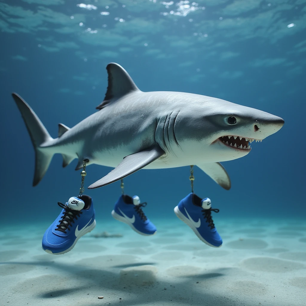 a realistic shark with blue Nike shoes, dynamic swimming pose emoji