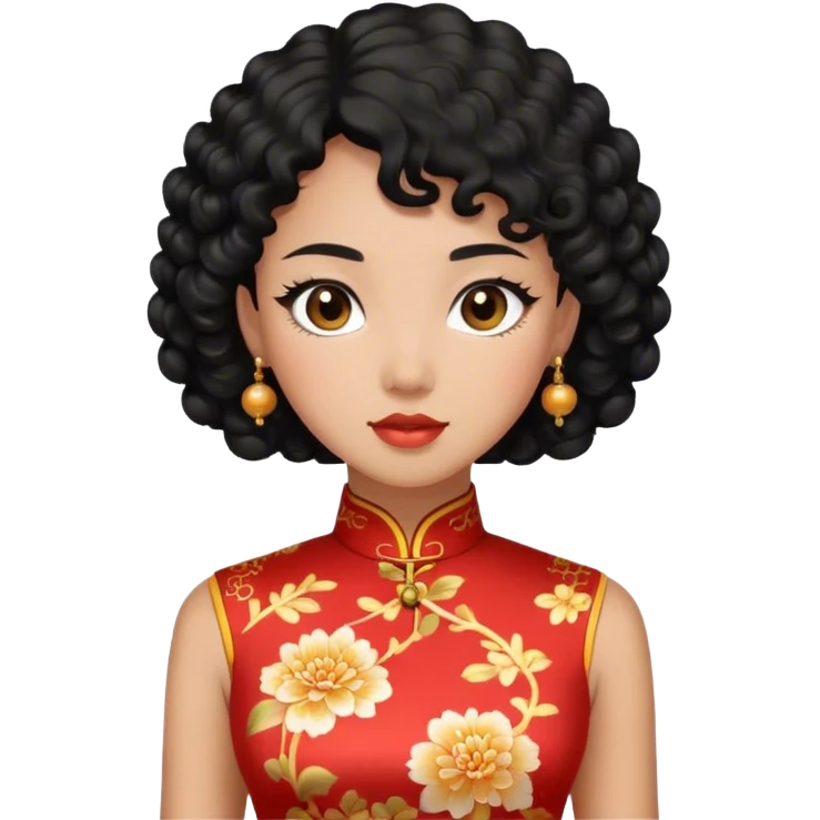 a woman with black curly hair in a cheongsam emoji