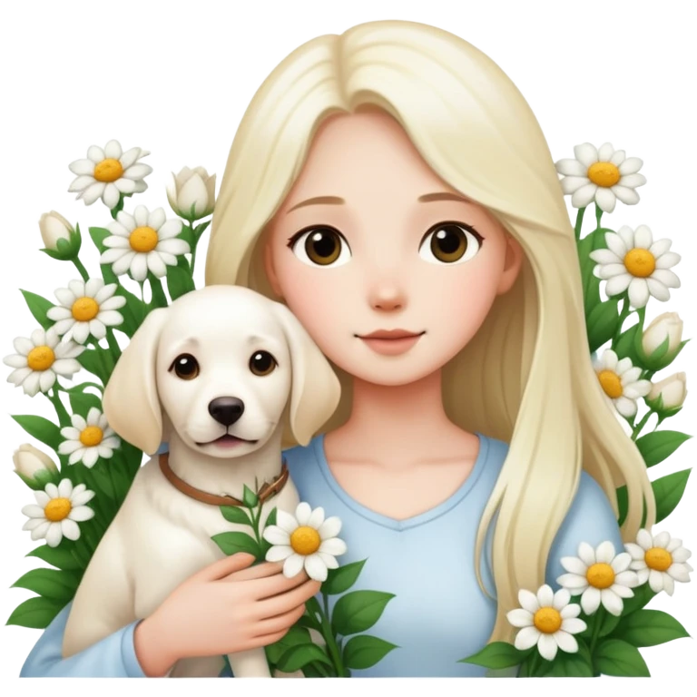 A long-haired girl holding a white Labrador in the flowers emoji