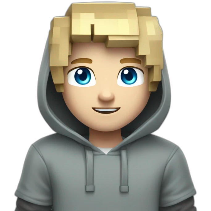 a young blond man with gray-blue eyes is dressed in a gray hoodie with a creeper from Minecraft on it emoji
