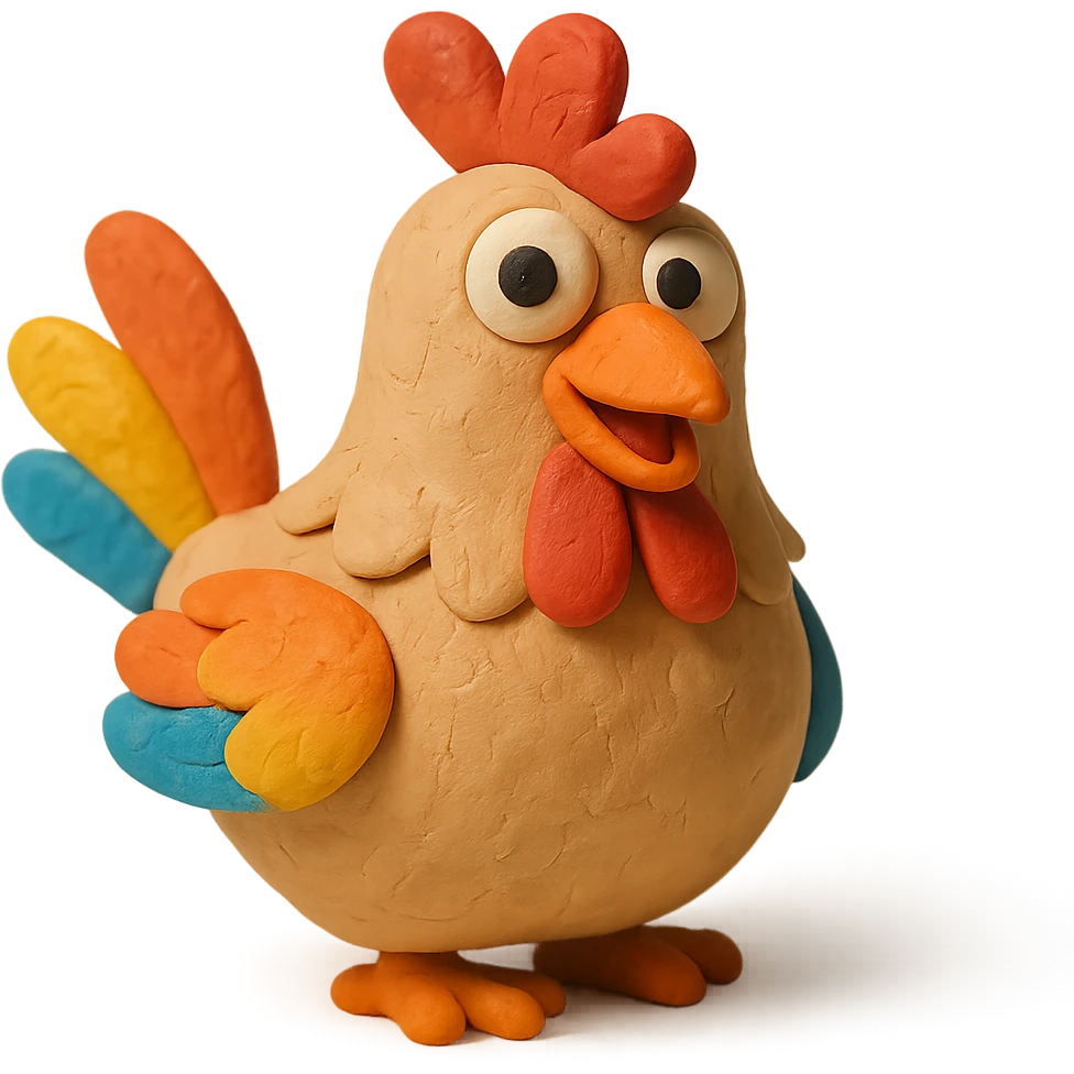 hen with colorful feathers and playful expression in claymation style emoji