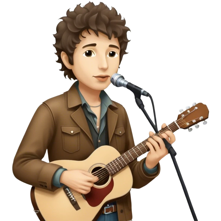 Icon for Folk Music: Bob Dylan with his harmonica and acoustic guitar, performing with his band on stage. The atmosphere should be intimate and nostalgic, capturing the soul of folk music with simple instruments and natural vibes. Transparent background. emoji