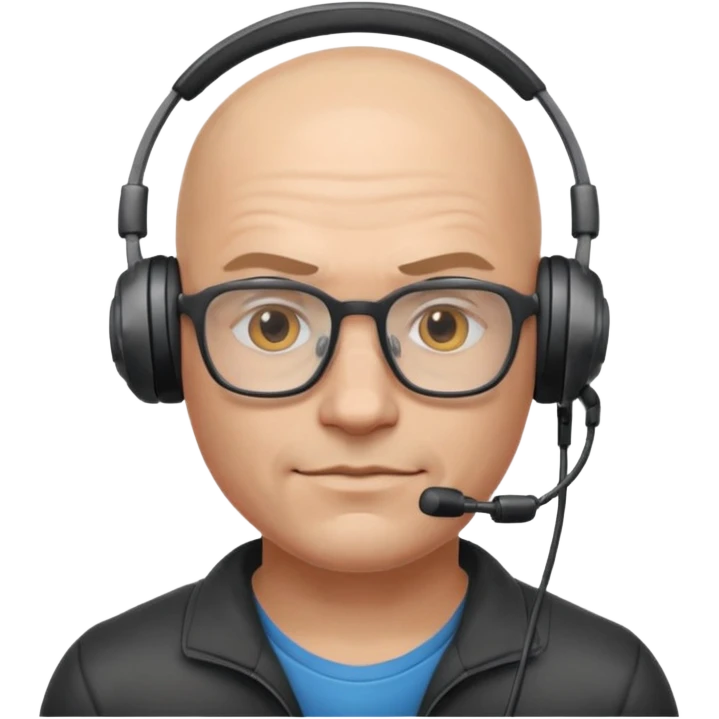 gamer with glasses, bald and muscular, with headset emoji