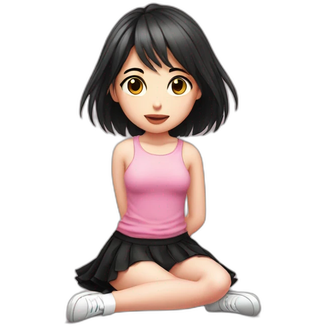 full body Front view emo girl sits on the floor black skirt pink knickers emoji