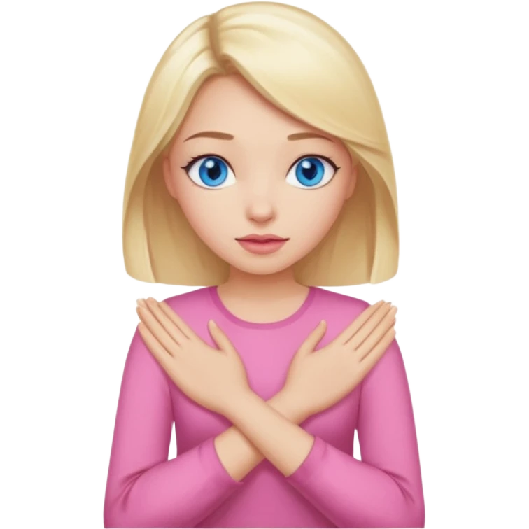 A girl with blue eyes, full lips and blonde hair in a pink blouse shows no with her hands, crossing them emoji