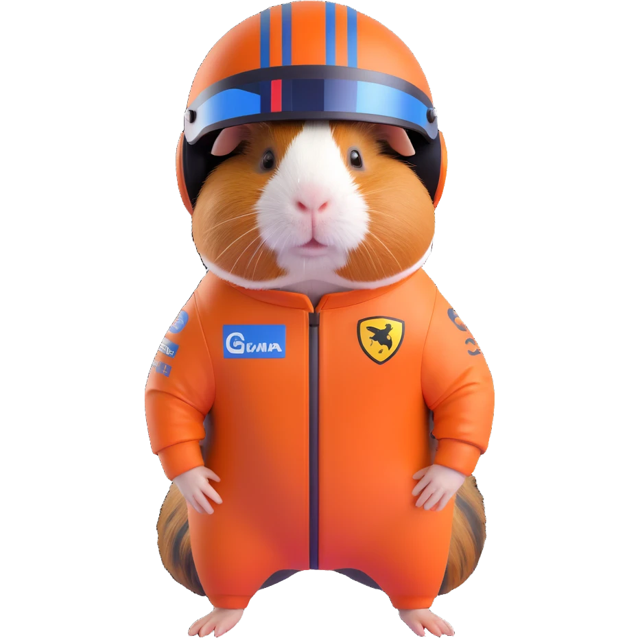 full-body guinea pig in a modern Formula 1 racing suit and helmet, dynamic stance, vibrant colors emoji