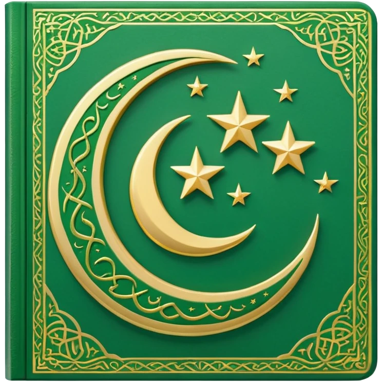 Closed Quran with the Islamic Symbol on it (moon and star) green from left to right emoji