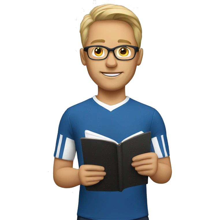 white young soccer coach with eyeglasses holding a notebook emoji