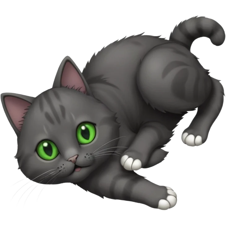 solid dark grey cat with green eyes, completely solid grey face, white toes/paws playfully rolling upside down emoji