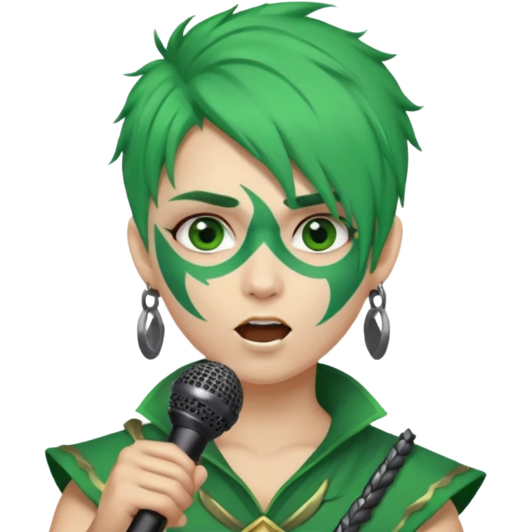 green haired, warrior face painted, holding microphone, singing emoji