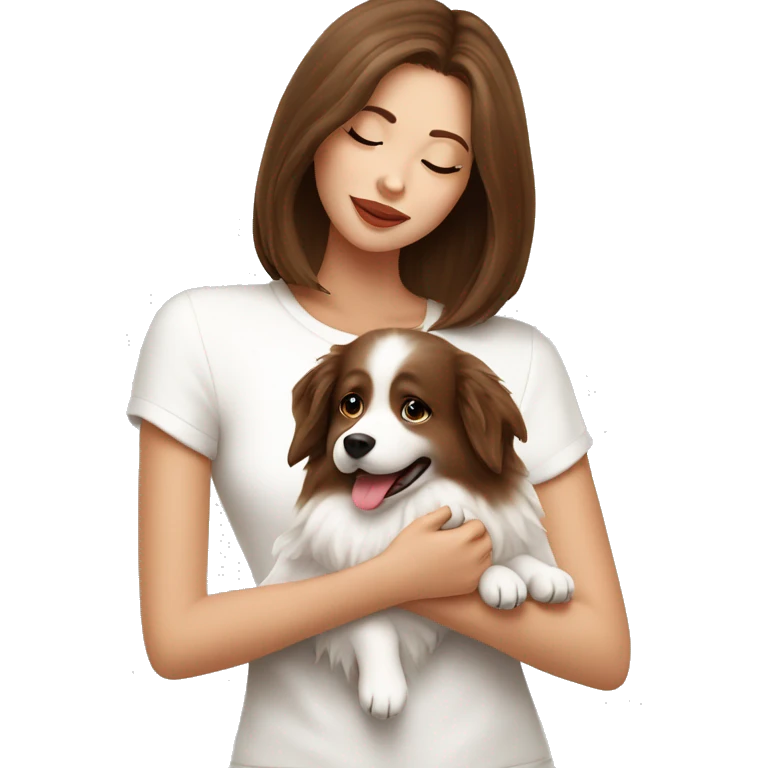 beautiful girl with brown hair kissing her cream white spitz dog emoji