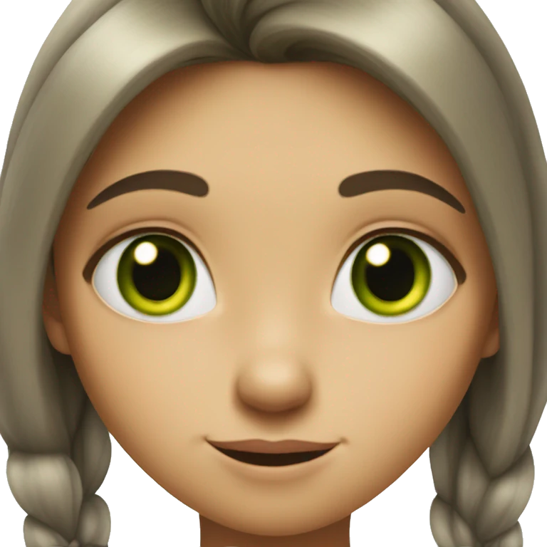 a girl with green eyes and emotions on her face like the cat from Shrek emoji