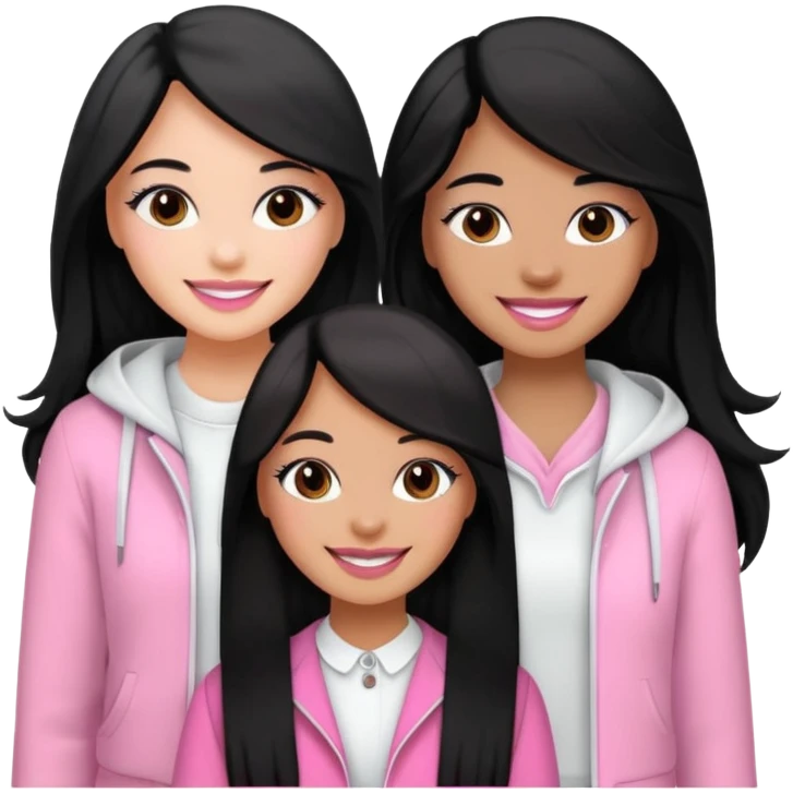 3 besties with professional glammed up looks wearing pink and white, medium skin tone smiling big with black long hair. Very girly  emoji