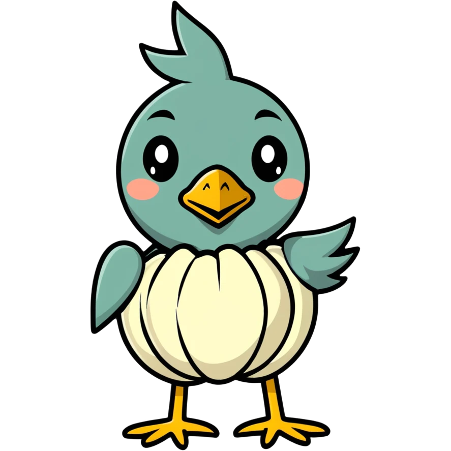 bird with a body like a garlic bulb, cartoonish sticker style emoji
