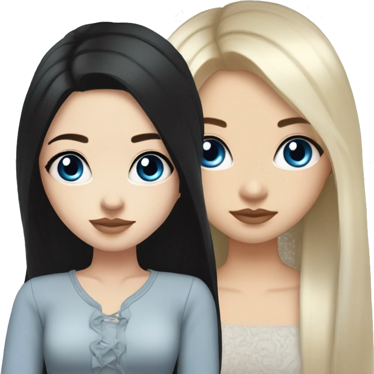 a girl with fair skin, straight long black hair, blue eyes, standing, very beautiful, very hot,Korean American Russian,plump lips and long eyelashes emoji