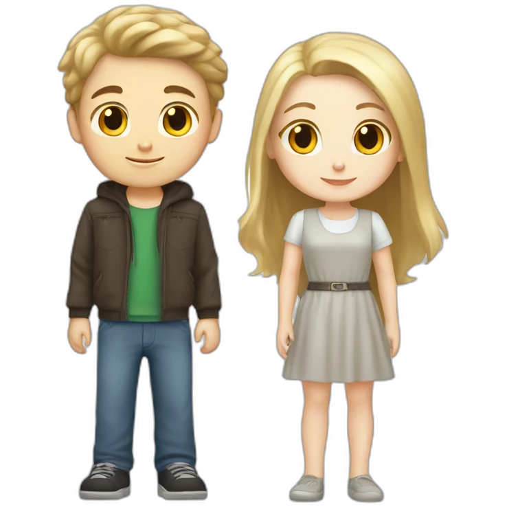 blond white girl and brunette white boy, white cat, grey cat emoji