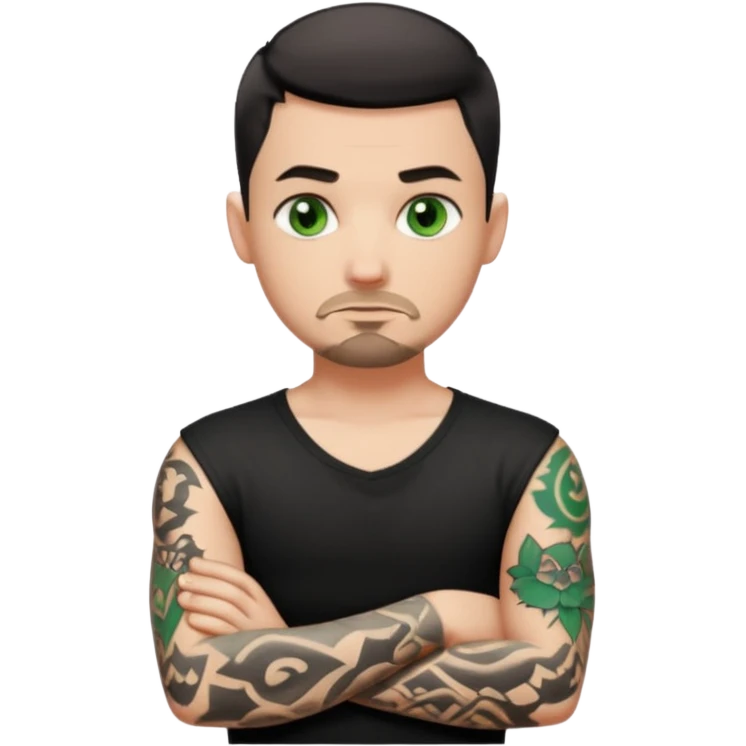 White young man with short black taper fade hair cut and slight goatee and neutral expression with his arms folded. Green eyes and black arm tattoos emoji