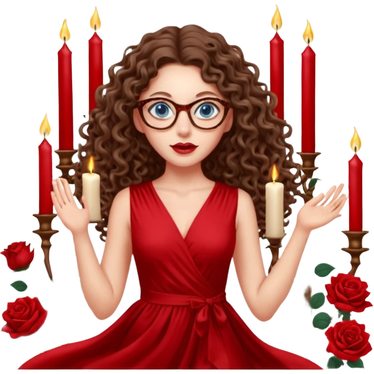a blue eyed woman with very long brunette curly hair, full lips,and really pale skin. She is wearing a leopard printed thin round-ish glasses . She is wearing fully plain silky red dress. She is flying on the air. There are candles and sculptures and red roses all around her. She is making a magic. emoji