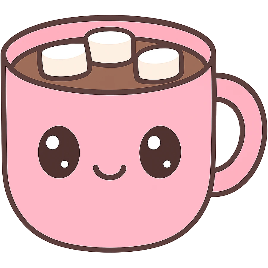 hot chocolate in a pink cup, cute and cozy, kawaii style emoji