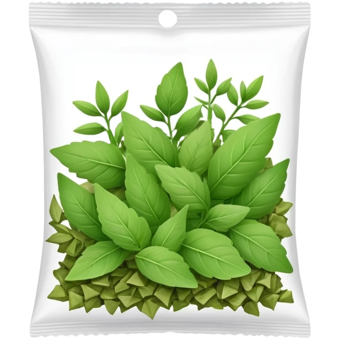 small plastic pack with green dried herbal leaves which are clumped together  emoji