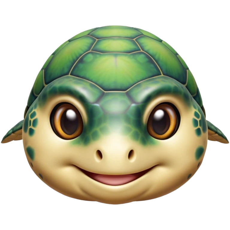 Cinematic Cute Sea Turtle Portrait Emoji, Head tilted playfully and inquisitively, featuring a charming, compact form with a beautifully patterned, domed shell and gentle, sparkling eyes full of oceanic wonder, Simplified yet irresistibly adorable features, highly detailed, glowing with a warm, friendly sea glow, high shine, affectionate and lively, stylized with a touch of whimsical marine charm, soft glowing outline, capturing the essence of a mischievous yet loving sea turtle that seems as if it could swim out of the screen into your arms! emoji